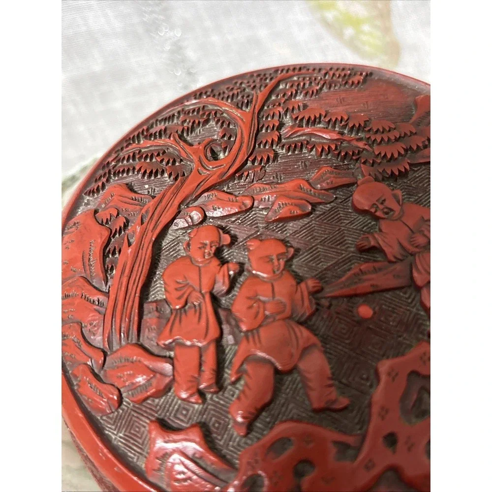 4.5 Old Chinese Handcarved Red lacquerware Character‎ Landscape jewelry box
